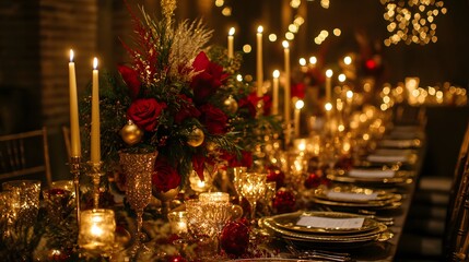 Obraz premium Elegant christmas dinner setup with tall candles AI generated illustration