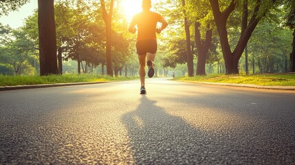 Fototapeta premium Runner Man running alone toward the sun in the park with tree on both side of the road.