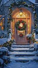 Fototapeta premium Elegant holiday doorway with a tall wreath AI generated illustration