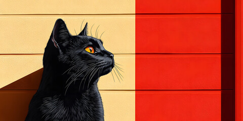 Black cat with vivid yellow eyes against a bold red and yellow wall, creating a modern and minimalist artistic composition
