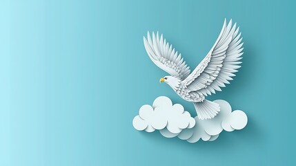 Fototapeta premium White Eagle in Flight Above Clouds on Soft Blue Background, Symbolizing Freedom and Peace in Nature, Ideal for Paper Craft and Illustrative Designs