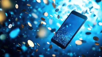 Smartphone surrounded by falling coins in a digital, futuristic theme.