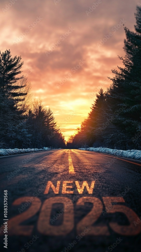Poster a road with a sunset in the background and the words 