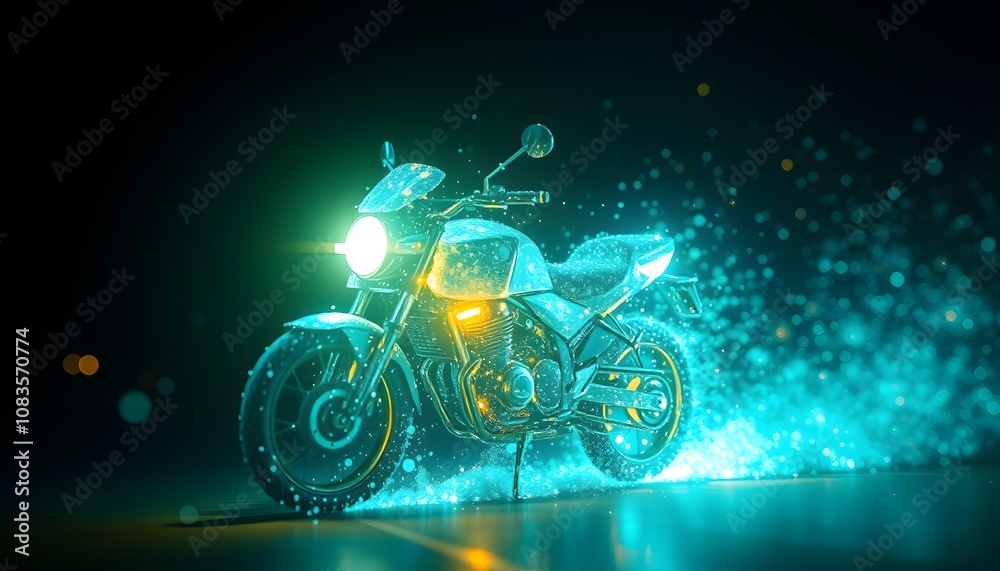 Poster A Dynamic Representation of a Motorcycle Dissolving into Particles with Glowing Effects for Artistic and Creative Projects