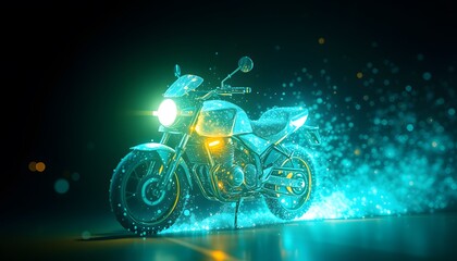 Obraz premium A Dynamic Representation of a Motorcycle Dissolving into Particles with Glowing Effects for Artistic and Creative Projects