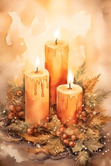 Warm tones of flickering christmas candles on AI generated illustration