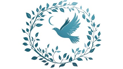 Obraz premium Elegant bird silhouette in flight surrounded by delicate leaves and crescent moon design, perfect for nature-themed projects, logos, or artistic expressions