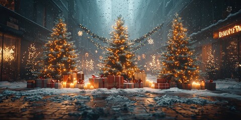 Fototapeta premium Festive Christmas Trees and Presents in a Snowy City Alleyway