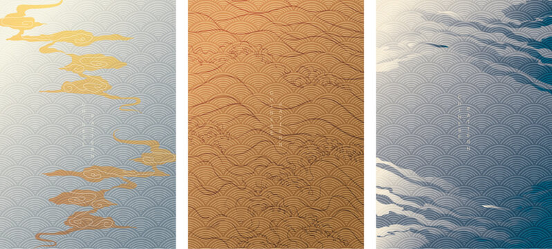 Hand drawn line wave background. Geometric pattern in Japnese style. Line pattern in vintage style. Template and banner design.