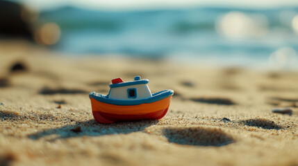 Fototapeta premium A small toy boat sits on the sand, reminding us of the ocean and exciting journeys.