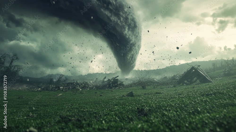 Poster a tornado is blowing through a field of grass and rocks