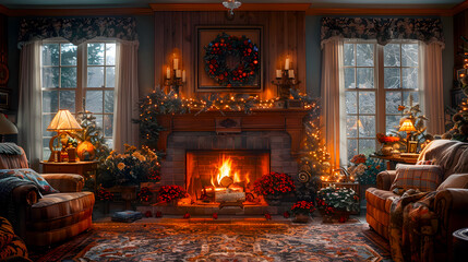 Obraz premium Cozy Living Room with Warm Fireplace and Holiday Decor