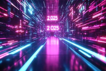 Fototapeta premium Neon Lights and 2025 in a Futuristic Tunnel