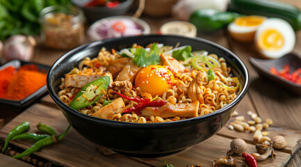 Fototapeta premium Delicious bowl of ramen with chicken, fresh vegetables, chili peppers, and a soft egg yolk in a black bowl on a rustic wooden table. Perfect for food photography or culinary projects