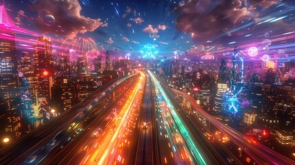 Fototapeta premium Futuristic cityscape at night with vibrant lights and energy streaks.