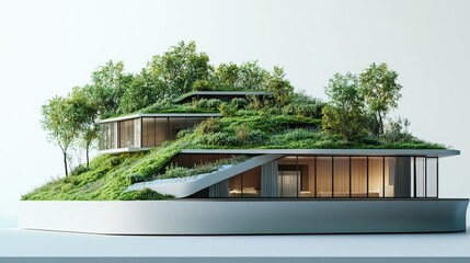 Obraz premium 3D architectural model of an eco-friendly house with a green roof, wild vegetation, urban context,