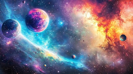 Obraz premium Stunning Cosmic Landscape of Colorful Galaxies and Planets with Bright Stars and Nebulae in a Deep Space Scene Filled with Vibrant Hues and Celestial Wonders