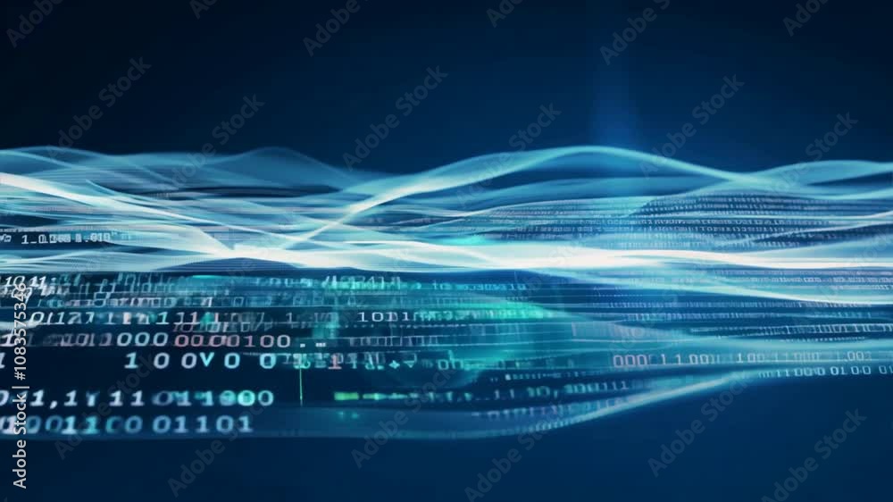Poster digital waves of binary code abstract technology and data transmission in modern computing and infor