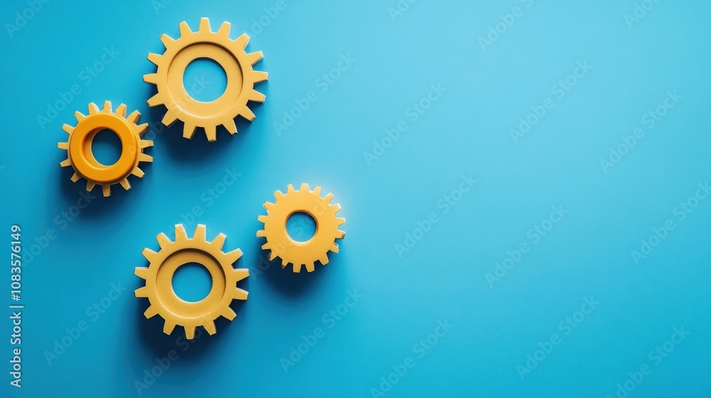 Leinwandbilder four yellow gears are thoughtfully arranged on a blue surface, highlighting concepts of technology a