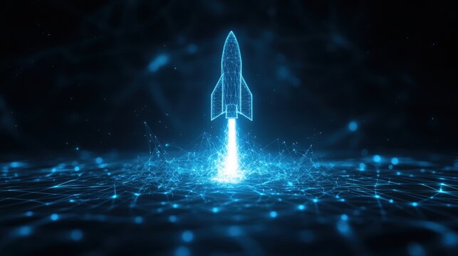 Futuristic digital rocket launching with blue light particles and network background.