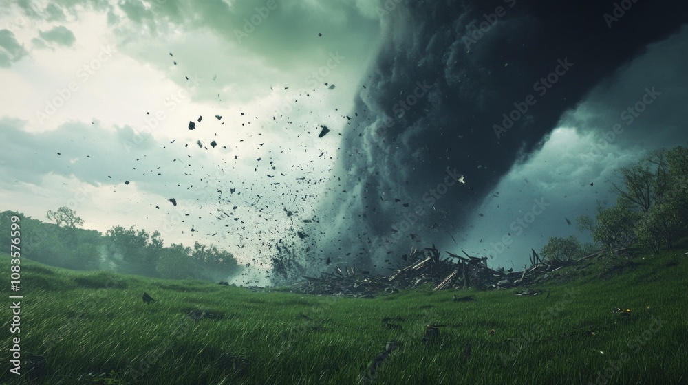 Poster a tornado is blowing through a field of grass
