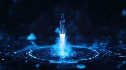 Futuristic holographic rocket launching with digital interface in blue lighting.