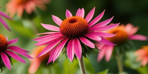 Obraz premium Vibrant pink and orange cone flower focus nature garden 3d banner blurred greenery background close-up view floral concept for impact