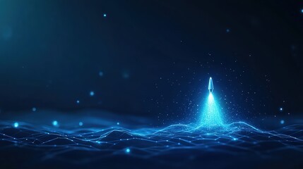 Futuristic rocket launch depicted in a digital blue landscape, representing innovation and ambition.