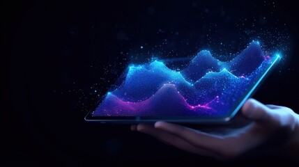Futuristic tablet with holographic data graph in dark background, showcasing digital innovation.
