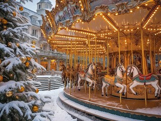 Charming Winter Carousel Featuring Beautifully Illuminated Horses Surrounded by Festive Decor