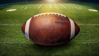 A brown leather american football on a green playing field