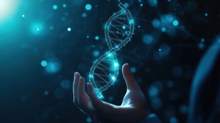 Hand holding glowing DNA strand, symbolizing genetic research and innovation.