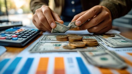 Close-up of hands counting cash money on a desk financial documents and a calculator visible in the background representing personal finance and economic transactions