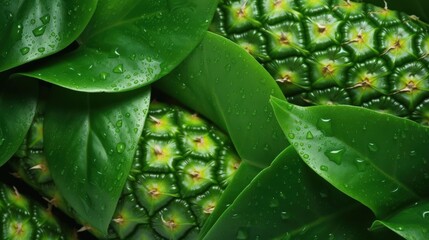 Fototapeta premium Fresh Green Leaves and Pineapple Texture Close-Up