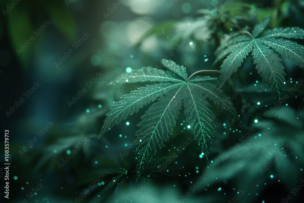 Poster Close-up of a Green Leaf Covered in Dew Drops with a Bokeh Background