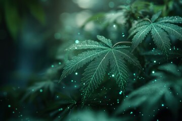 Obraz premium Close-up of a Green Leaf Covered in Dew Drops with a Bokeh Background