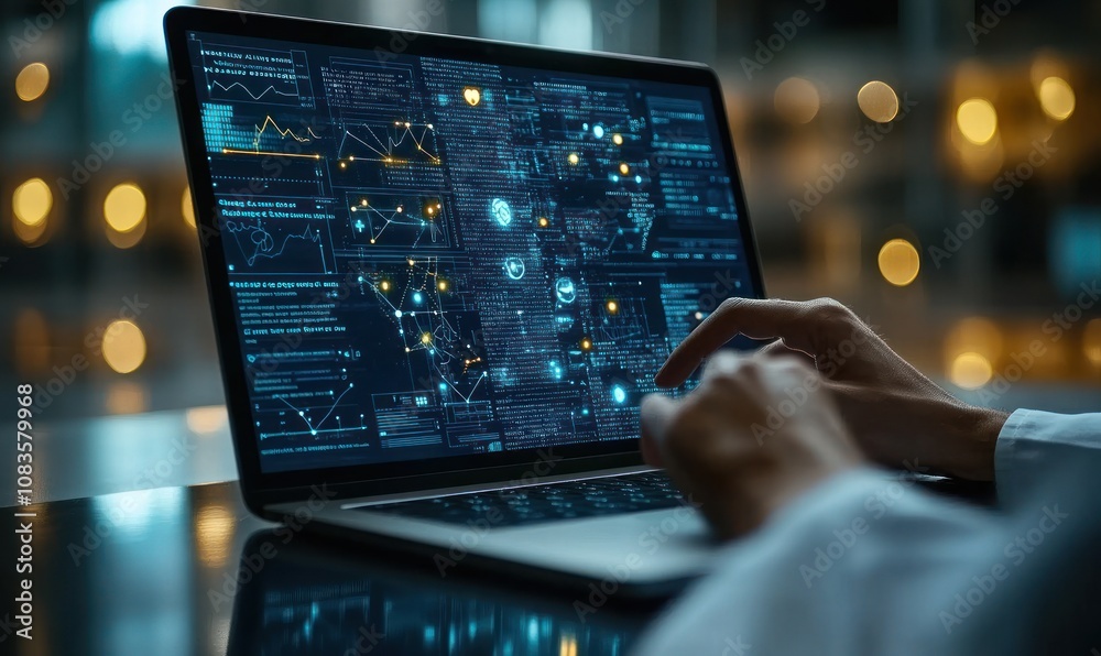 Poster Person Using Laptop with Data Visualization and Code on Screen