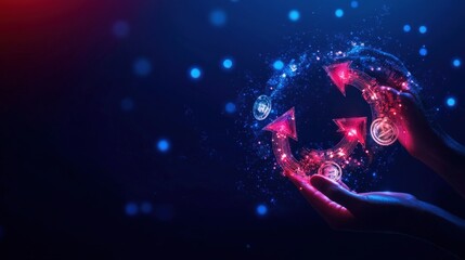 Hands holding digital recycling arrows in glowing futuristic virtual interface.