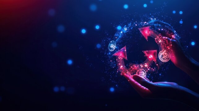 Hands holding digital recycling arrows in glowing futuristic virtual interface.