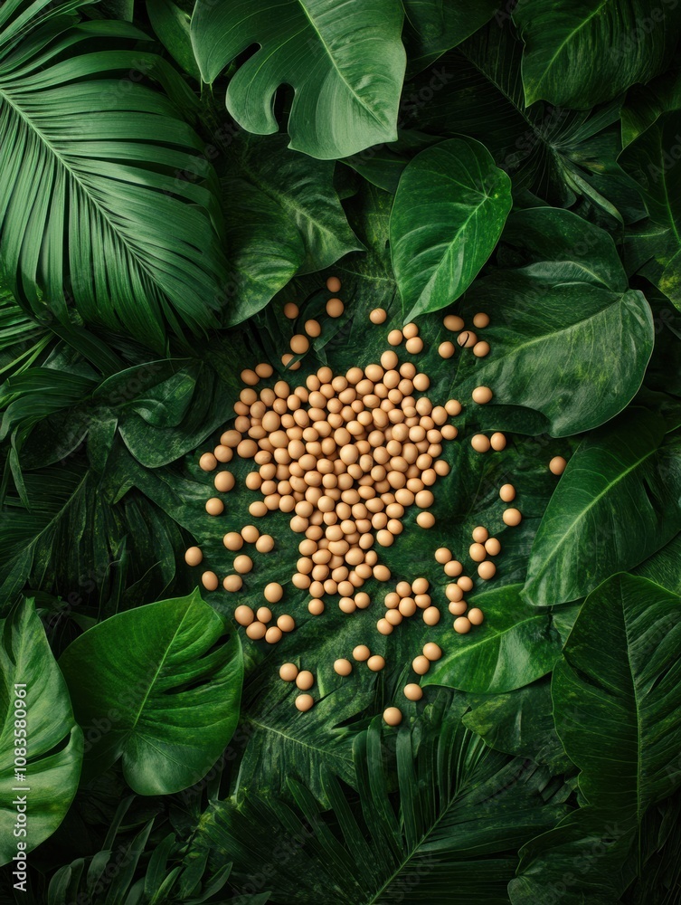 Poster a cluster of soybeans lies surrounded by large green tropical leaves, creating a natural and lively 