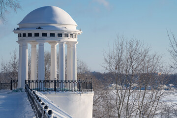 Gazebo on the Volga embankment on a frosty January day. Strelka Park. Yaroslavl, Golden Ring of...