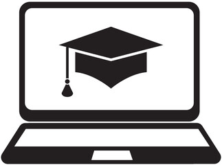 Illustration of an online learning icon featuring a laptop with an open book or graduation cap displayed on the screen