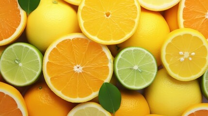Fototapeta premium Fresh Citrus Fruits Overhead View with Leaves