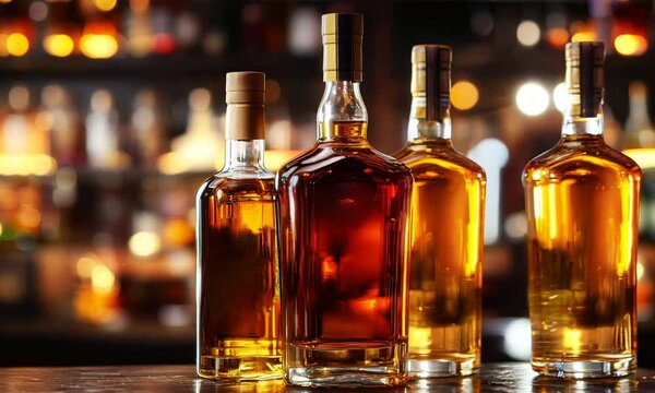 bottles of liqueur on bar on blur background