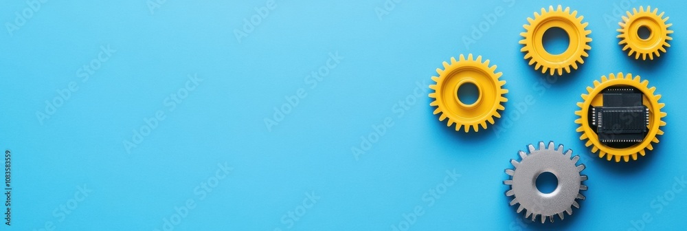 Poster Several mechanical gears in yellow and gray are creatively arranged with a microprocessor against a bright blue background, highlighting innovation. Generative AI
