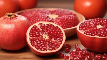 Fresh Pomegranates and Oranges on a Wooden Table