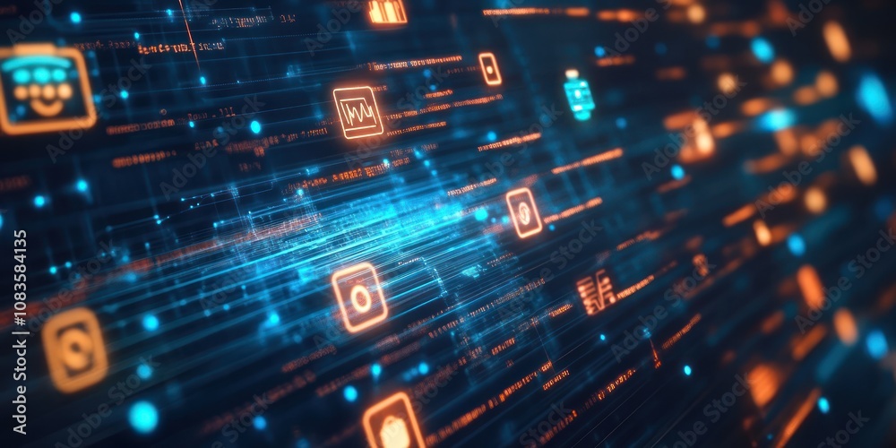 Poster Abstract digital interface with glowing icons and data streams