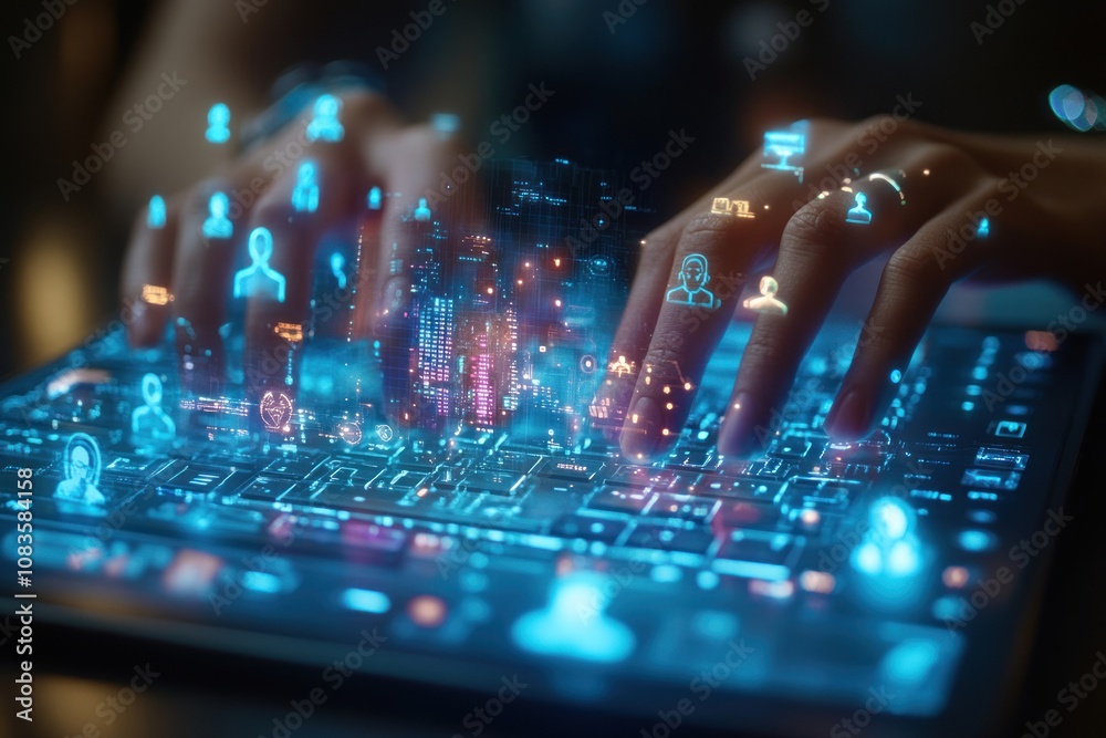 Poster Hands Typing on a Keyboard with a Digital Cityscape and User Interface Icons