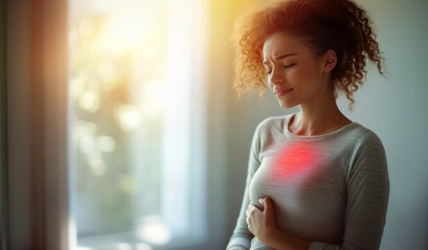 Young woman putting her hand on her chest. Having a pain in chest, Gastroesophageal Reflux Disease have frequent belching