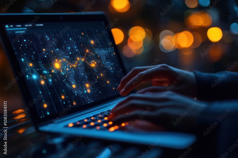 Poster Person Using Laptop with Data Visualization on Screen